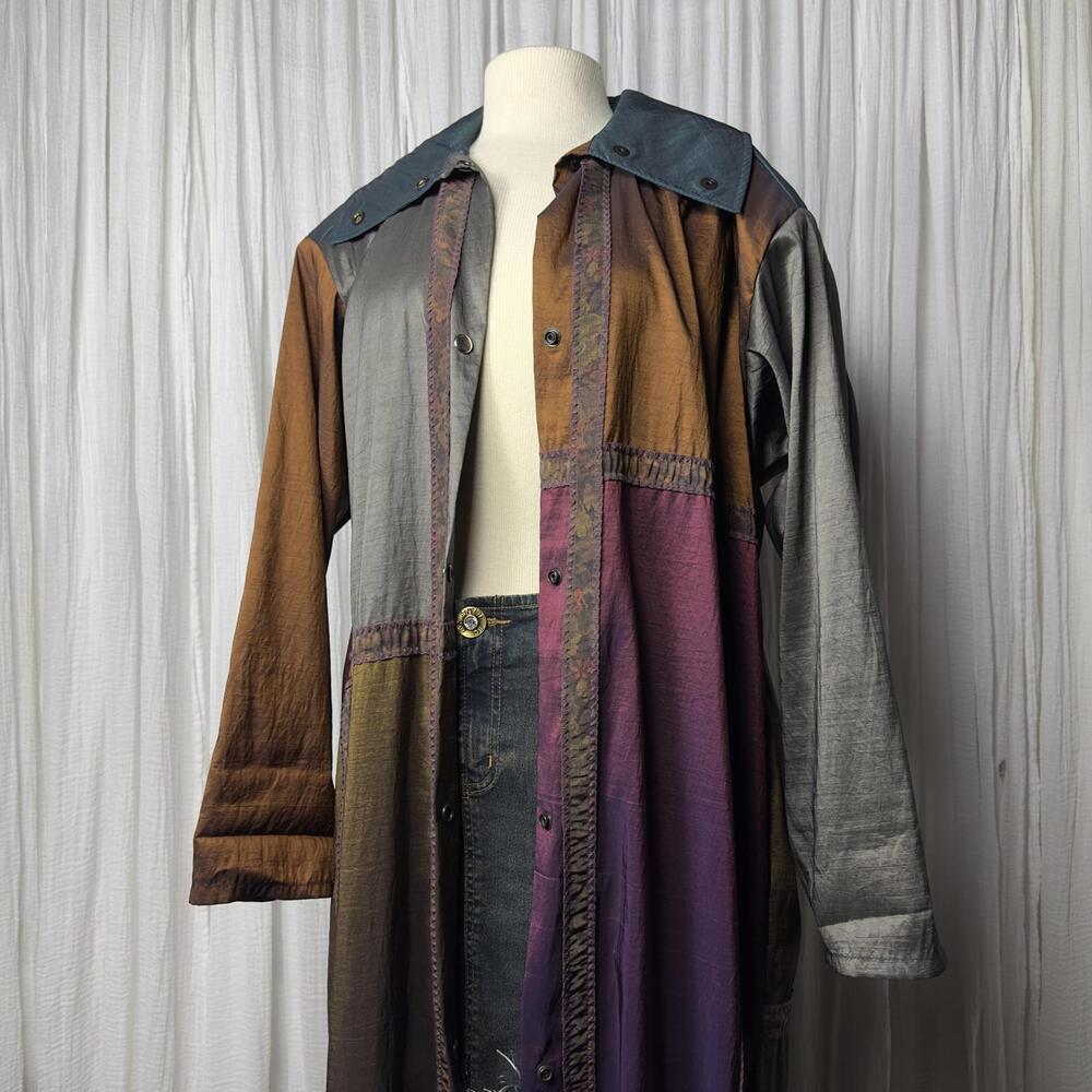 Indie Alternative Hippie Vintage Multicolor Patchwork Trench Coat (M/L) - Picture 5 of 7